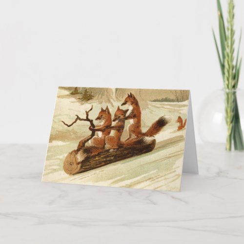 Vintage Foxes Sledding Christmas Card