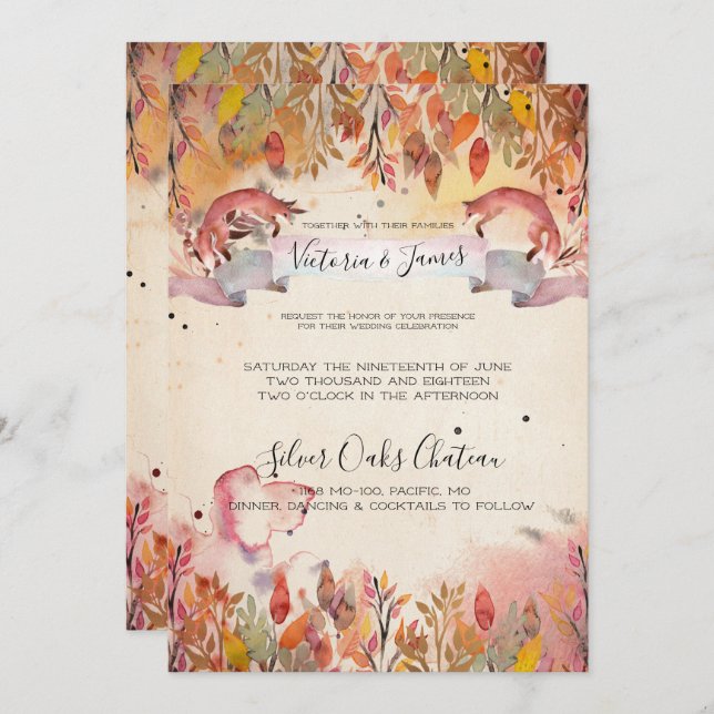 Vintage Foxes Wedding Invitation (Front/Back)