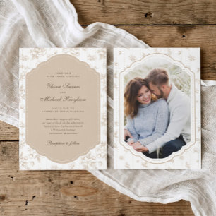 Vintage Frame Beige Tan Toile Photo Wedding Invitation