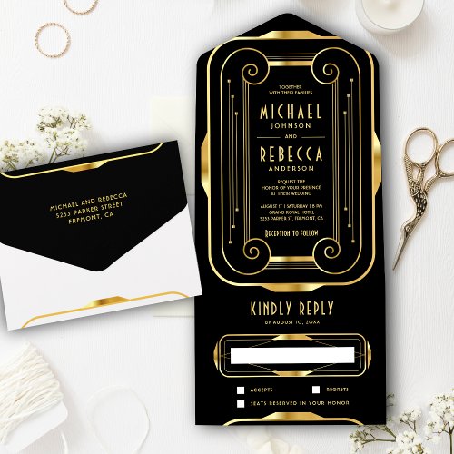 Vintage Frame Black and Gold Foil Art Deco Wedding All In One Invitation