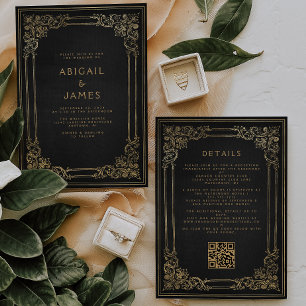 Vintage Frame Black Gold QR Code Wedding Invitation