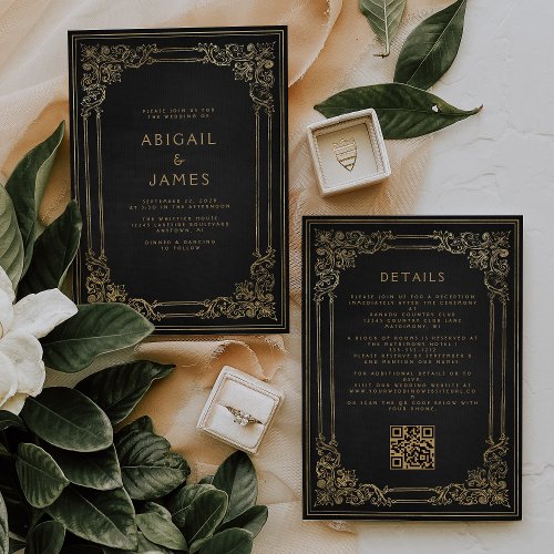 Vintage Frame Black Gold QR Code Wedding Invitation