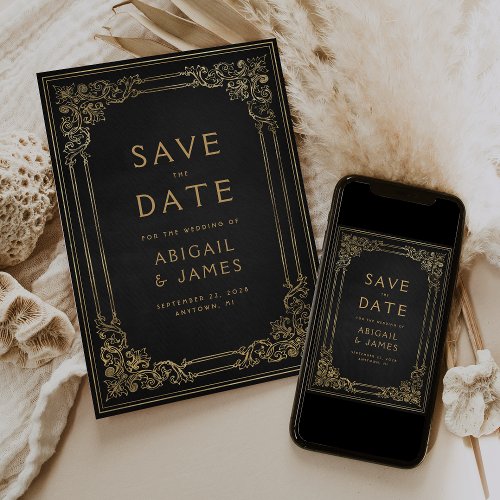 Vintage Frame Black Gold Wedding Save the Date Invitation