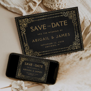 Vintage Frame Black Gold Wedding Save the Date Invitation