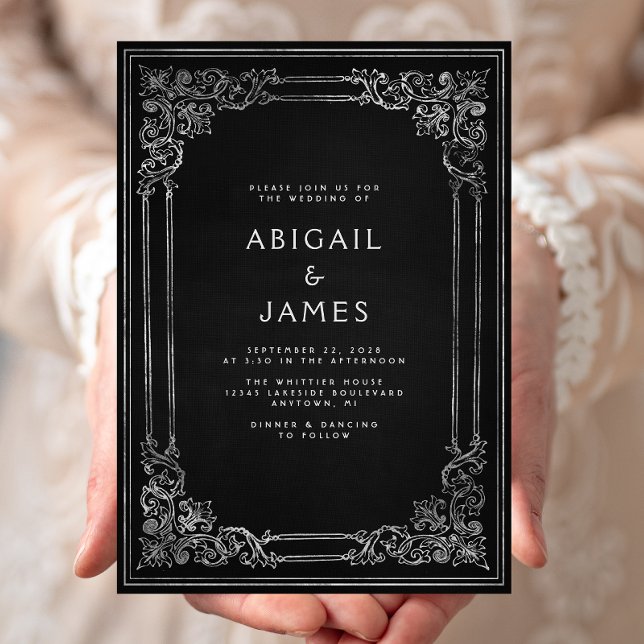 Vintage Frame Black Silver Wedding Invitation (Creator Uploaded)