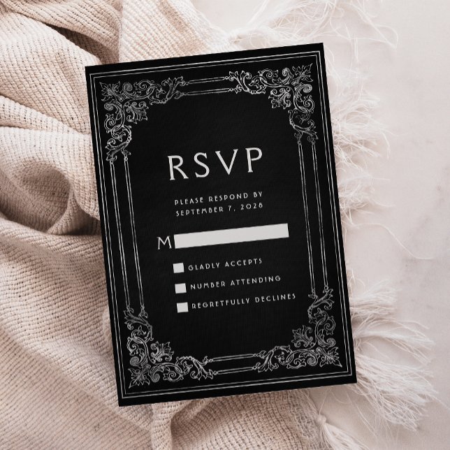 Vintage Frame Black Silver Wedding RSVP Card (Creator Uploaded)