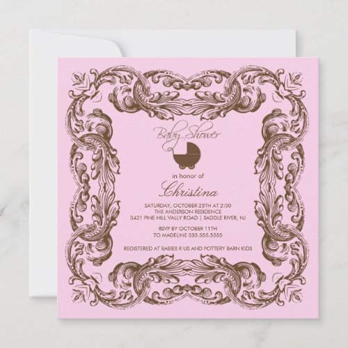 Vintage Frame Brown Pink Baby Shower Invitation