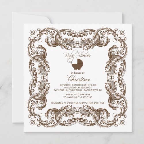 Vintage Frame Brown &amp; White Baby Shower Invitation