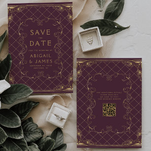 Vintage Frame Burgundy Gold Wedding Save the Date Invitation