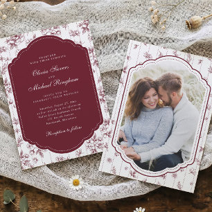 Vintage Frame Burgundy Red Toile Photo Wedding Invitation