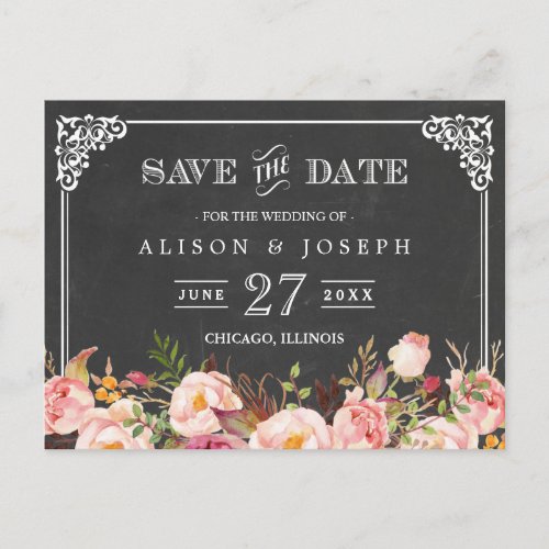 Vintage Frame Chalkboard Floral Save the Date Announcement Postcard