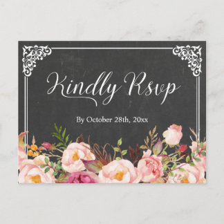 Vintage Frame Chalkboard Floral Wedding RSVP Invitation Postcard
