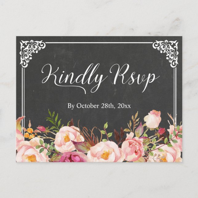 Vintage Frame Chalkboard Floral Wedding RSVP Invitation Postcard (Front)