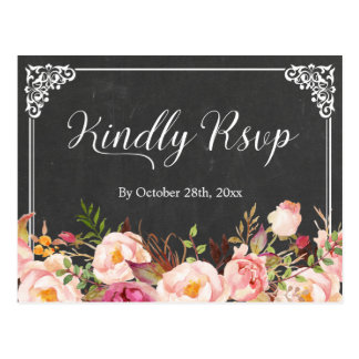 Vintage Frame Chalkboard Floral Wedding RSVP Postcard