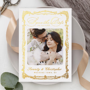 Vintage Frame Classic Script Photo Save The Date Foil Holiday Card