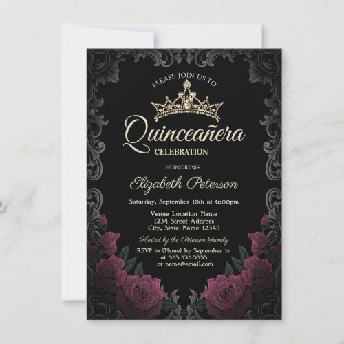 Vintage Frame Dark Red Roses Gothic Quinceañera 