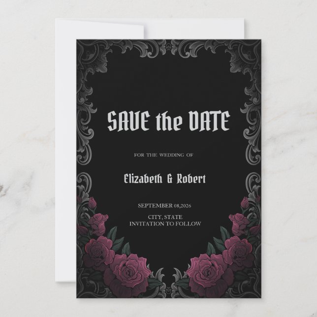 Vintage Frame Dark Roses Gothic Save The Date (Front)