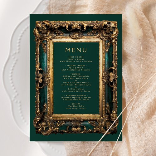 Vintage Frame Emerald Green Gold Wedding Menu