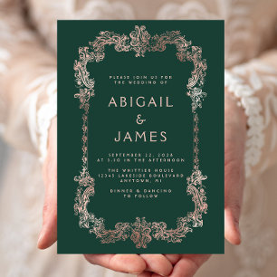 Vintage Frame Emerald Green Rose Gold Wedding Invitation