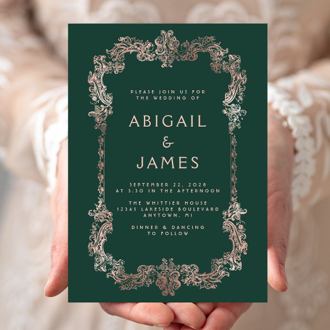 Vintage Frame Emerald Green Rose Gold Wedding Invitation (Creator Uploaded)