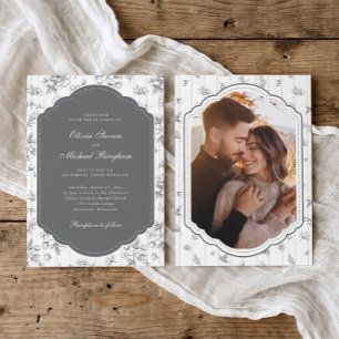 Vintage Frame Gray French Toile Photo Wedding Invitation