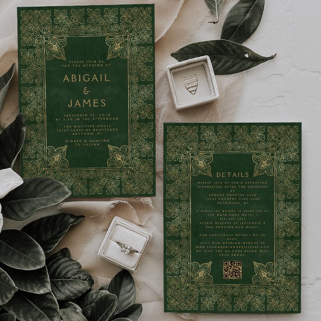 Vintage Frame Green Gold QR Code Wedding Invitation (Creator Uploaded)