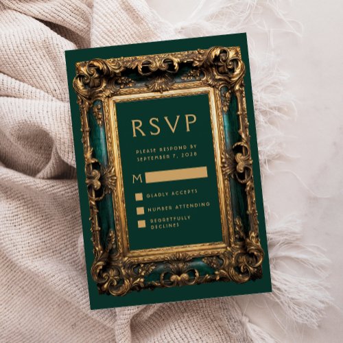 Vintage Frame Green Gold Wedding RSVP Enclosure Card