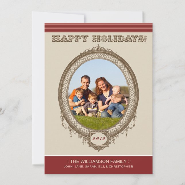 Vintage Frame Happy Holidays Card (red/taupe) (Front)