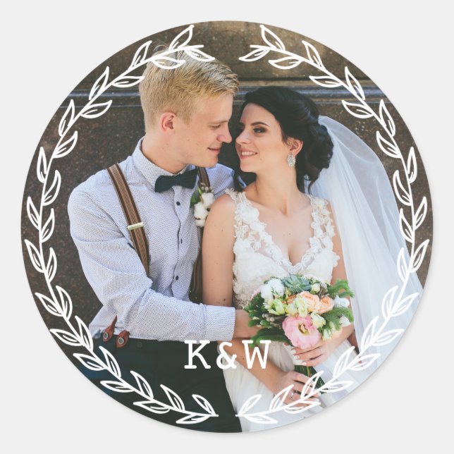 Vintage Frame Monogrammed Wedding Photo Classic Round Sticker (Front)