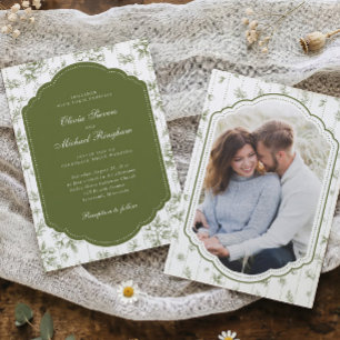 Vintage Frame Olive Green Toile Photo Wedding Invitation