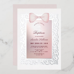 Vintage Frame Pink Bow Baptism Foil Invitation