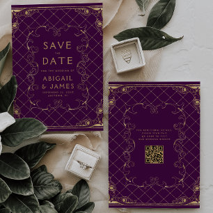 Vintage Frame Purple Gold Wedding Save the Date Invitation