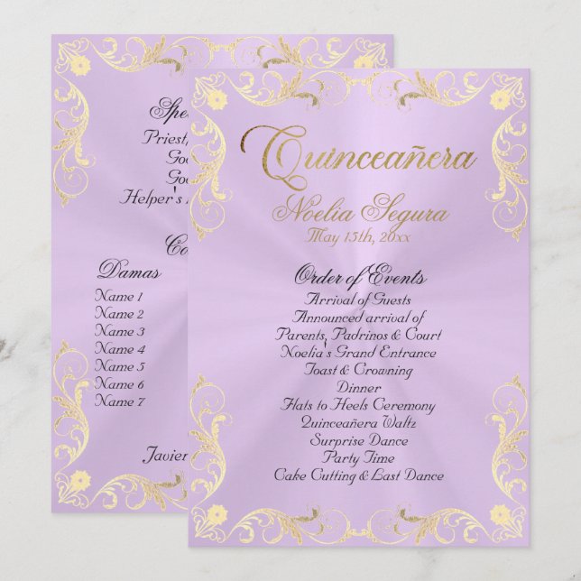 Vintage Frame Quinceanera Program - Lavender/Gold (Front/Back)