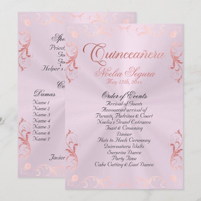 Vintage Frame Quinceanera Program - Pink/Rose Gold (Front/Back)