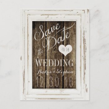 Vintage Frame Rustic Wood Typography Save The Date Announcement Postcard by ModernMatrimony at Zazzle