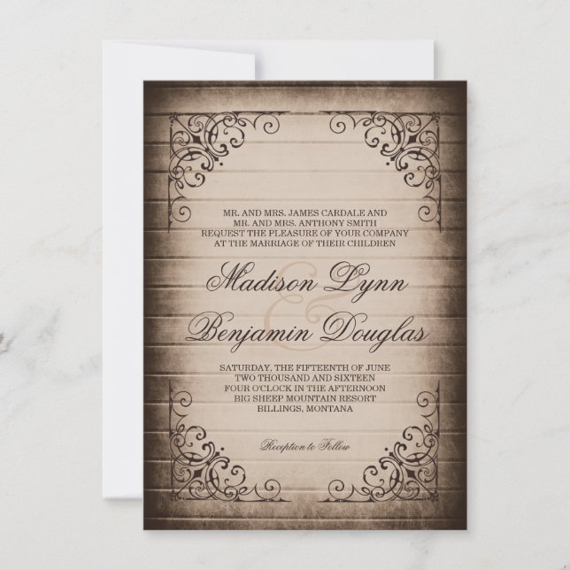 Vintage Frame Rustic Wood Wedding Invitations (Front)