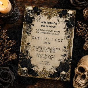 Vintage Frame Skulls Gothic Floral Halloween Party Invitation