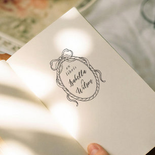 Vintage Frame Whimsical Bow Ex Libris Script Book Rubber Stamp