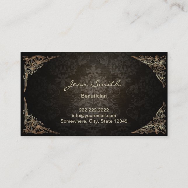 Vintage Framed Dark Damask Beautician Business Card (Front)