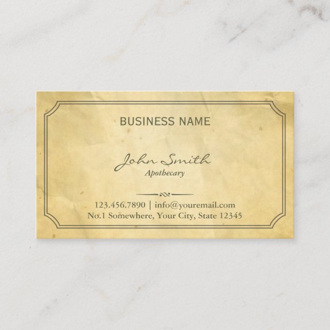 Vintage Framed Old Paper Apothecary Business Card (Front)