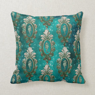 Vintage Framed Seahorses on Light Green Throw Pillow