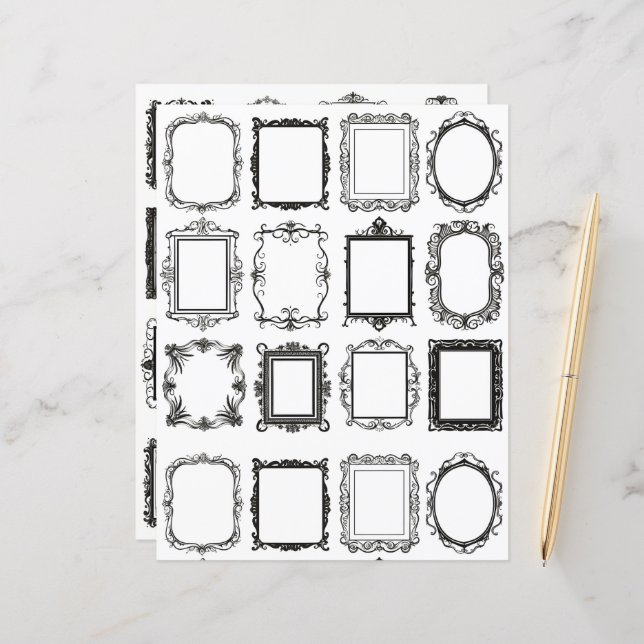 Vintage Frames Line Art Collage Scrapbook Paper (Front/Back In Situ)