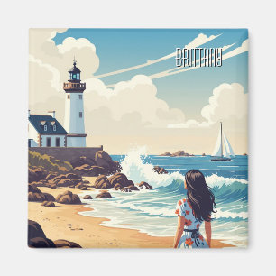 Vintage France Brittany Beach Lighthouse Postcard Magnet
