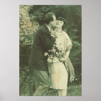 Vintage France  Loving Couple  Kiss And Flowers Poster by Franceimages at Zazzle