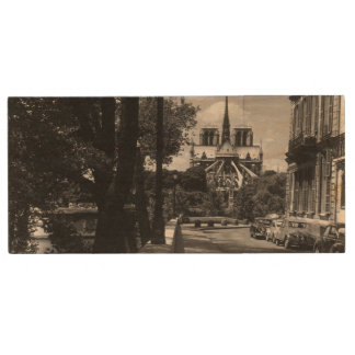Vintage France Paris Notre Dame Cathedral Wood Flash Drive
