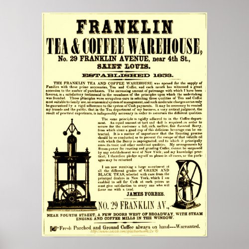 Vintage Franklin Tea  Coffee Broadside 1853 Poster