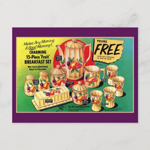 Vintage free 15 piece fruit breakfast set ad postcard