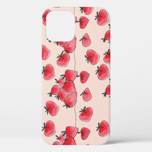 Vintage Freehand Strawberry Watercolor Pattern iPhone 12 Case