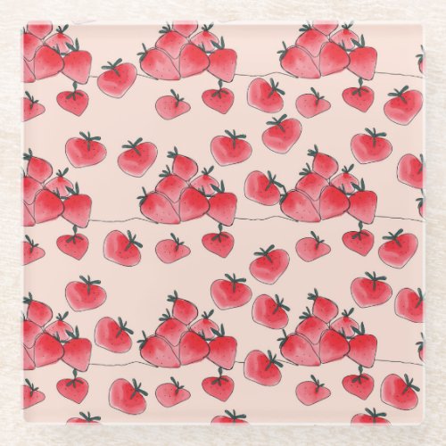 Vintage Freehand Strawberry Watercolor Pattern Glass Coaster