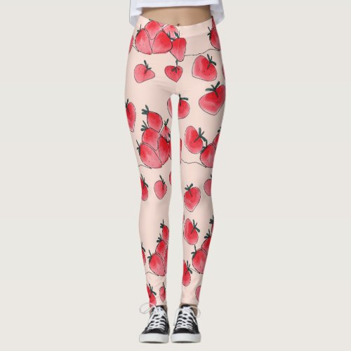 Vintage Freehand Strawberry Watercolor Pattern Leggings